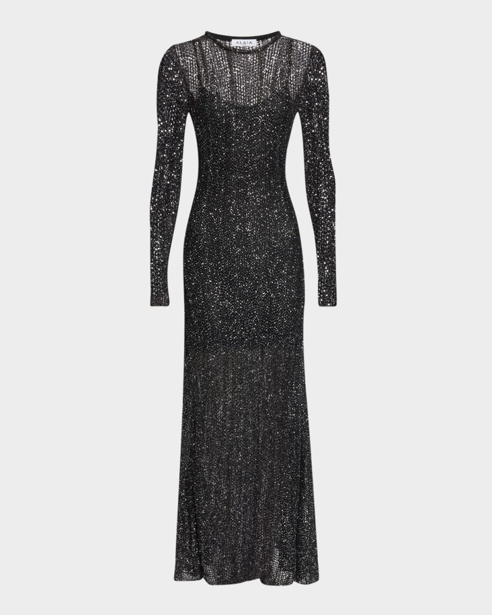 Long Sequined Knit Long-Sleeve Dress